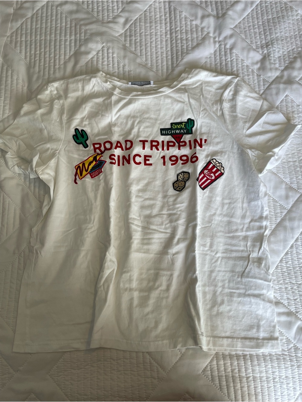 Zara White Tee with Red Road Trippin' Graphic and patches M